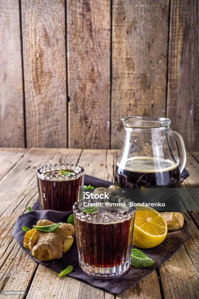 Indian Panakam drink Indian summer refreshment beverage, Panakam Or Gur (Jaggery) Sharbat, Panakaam drink, Traditional sarbats, infusions of fruits, flowers, herbs, roots, rustic wooden background copy space Jaggery Stock Photo