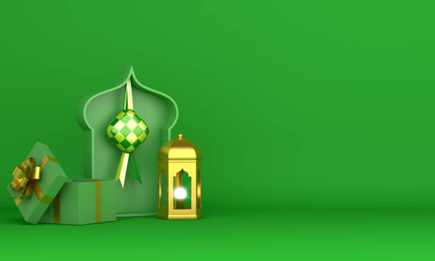 cibo tradizionale ketupat per eid mubarak o selamat hari raya idul fitri in indonesia o malesia, lanterna araba d'oro e scatola regalo, area testo spazio copia, illustrazione di rendering 3d. - praying islam sacrifice mosque foto e immagini stock