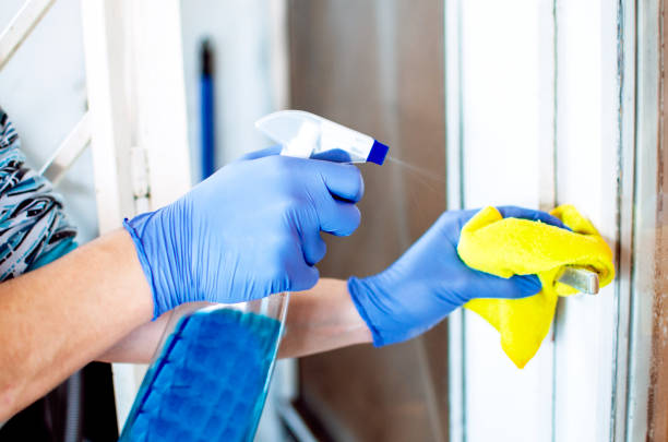 Man disinfecting the door knob man with blue protective gloves disinfecting the door handle by spraying a sanitizer from a bottle.Every handle must be clean in the home and safe for everyday use window cleaning solution stock pictures, royalty-free photos & images