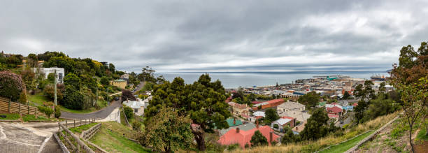 Panoramic view of the city center and port of Burnie, Tasmania over a dramatic sky, Australia stock photo