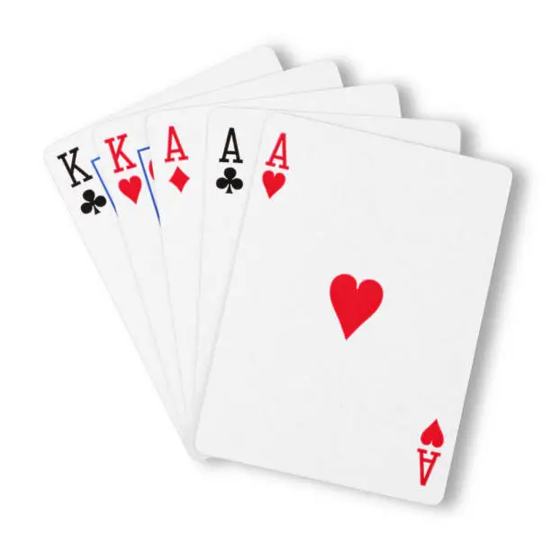 Photo of Full house aces over kings on white with clipping path to remove shadow