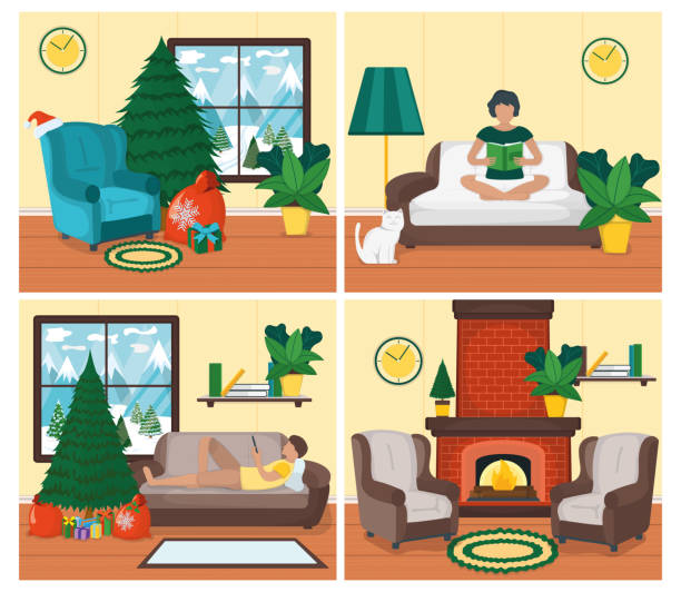 illustrazioni stock, clip art, cartoni animati e icone di tendenza di character woman, uomo relax casa di campagna, natale e christmas concept design accogliente interior place set cartoon illustrazione vettoriale. - domestic cat undomesticated cat window house