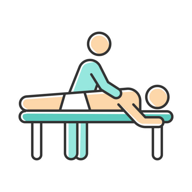 illustrations, cliparts, dessins animés et icônes de icône de couleur de massage. services de centre de spa. procédure médicale professionnelle. soulagement des maux de dos. masseur avec le patient. santé. traitement physique. la guérison des blessures. illustration vectorielle isolée - physical therapy back table patient