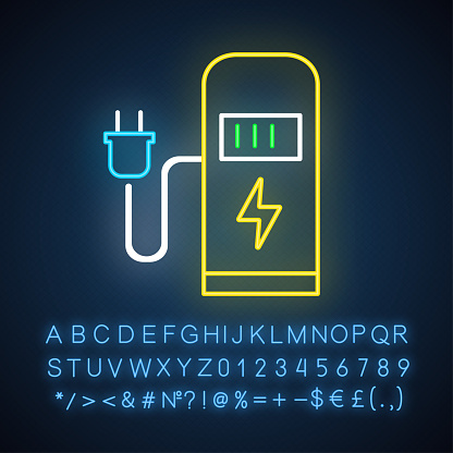 Car charging station neon light icon. Electric fuel pump for public usage. EV rechagging point. Smart energy. Glowing sign with alphabet, numbers and symbols. Vector isolated illustration