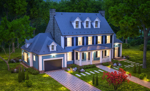 istock 3d rendering of modern classic house in colonial style in night 1220550978