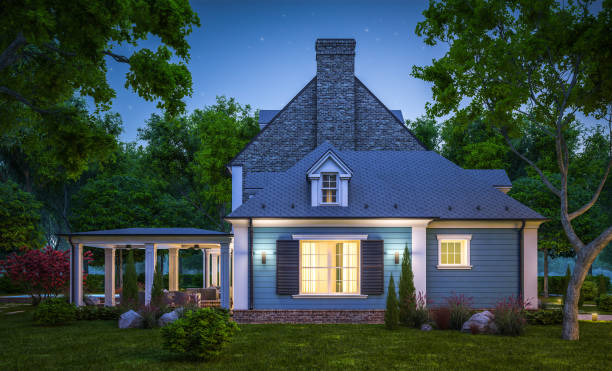istock 3d rendering of modern classic house in colonial style in night 1220550995