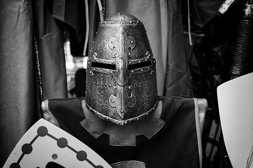 Ancient medieval metal armor helmet, war and champion
