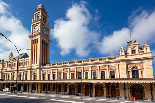 Photo of a classic railway station in São Paulo city. The name in Portuguese is \