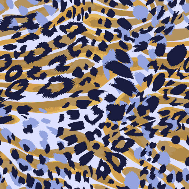 Seamless pattern made of leopard spots mixed with zebra stripes skin print texture. Abstract artistic seamless pattern with sophisticated camouflage texture. Animal skin leopard spots fur with zebra stripes skin background. Trendy stripes animal pattern. Good for fabric and textile. animal body part stock illustrations