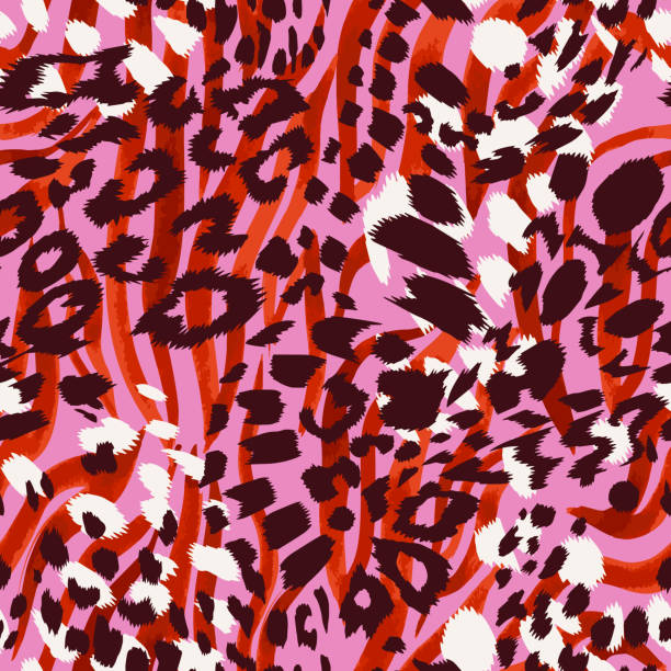 illustrazioni stock, clip art, cartoni animati e icone di tendenza di motivo senza cuciture fatto di macchie di leopardo mescolate con la texture di stampa della pelle a strisce zebrate. - animal color immagine