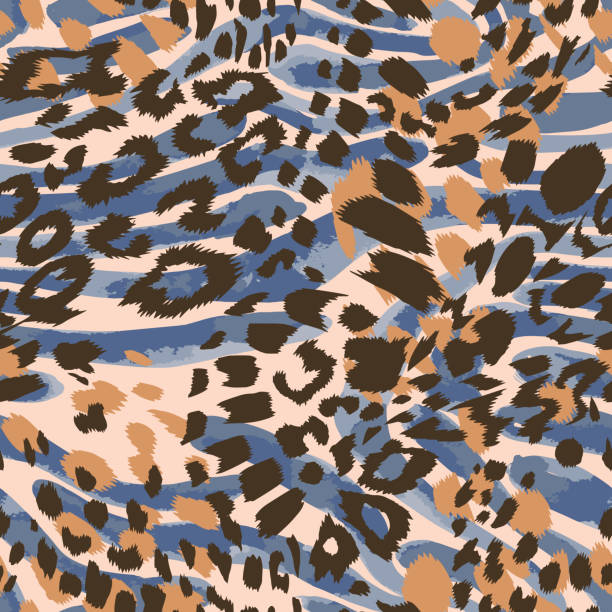 illustrazioni stock, clip art, cartoni animati e icone di tendenza di motivo senza cuciture fatto di macchie di leopardo mescolate con la texture di stampa della pelle a strisce zebrate. - leather textured backgrounds seamless