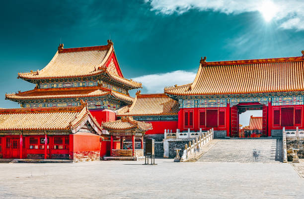 Palaces, pagodas inside the territory of the Forbidden City Museum in Beijing in the heart of city. stock photo