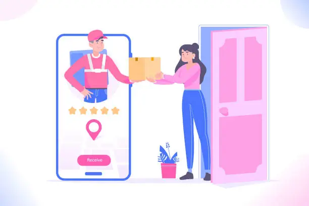 Vector illustration of Delivery app concept. Delivery man in big smartphone delivering package to door and gives to the client. Online food delivery concept. Web banner or landing page concept vector