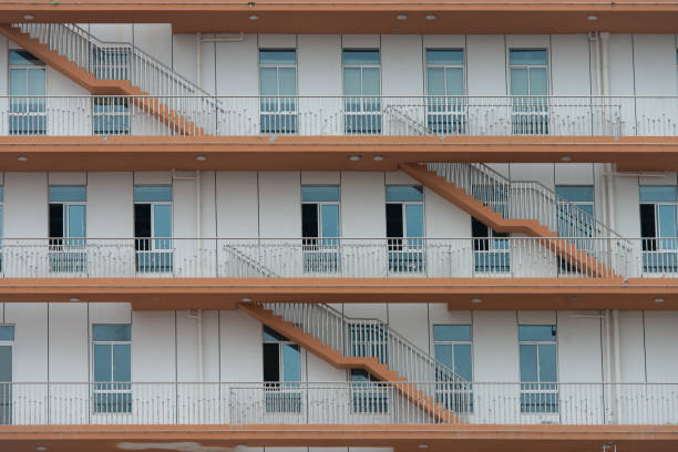A building with many stairs and many windows outside