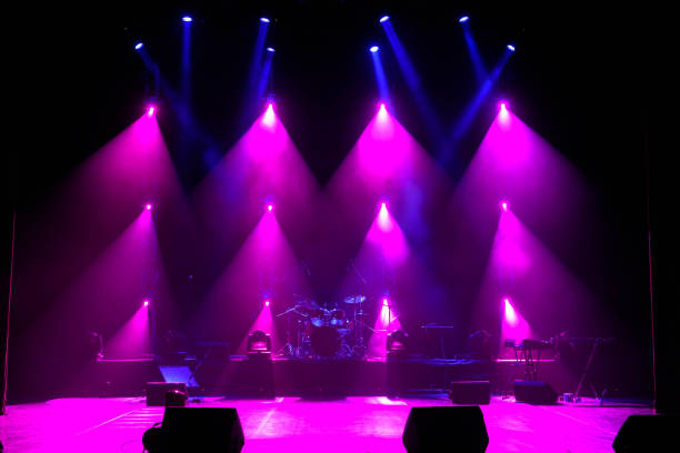 istock The light of searchlights in smoke on stage. 1220560116