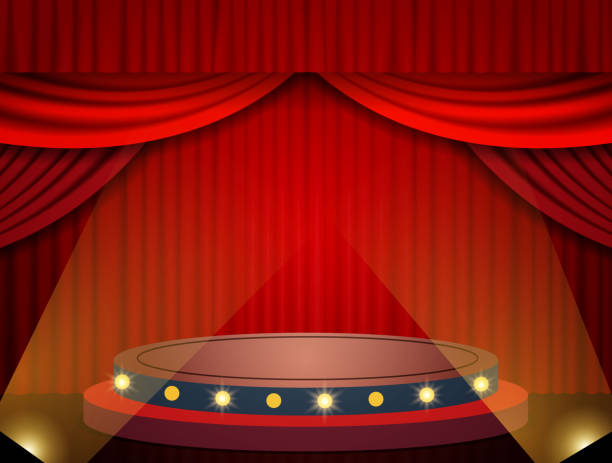 istock Background with red theatre curtain and podium 1220560239