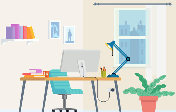 Distance Learning Home office Vector illustration of flat, modern, and stylish interior working place desk lamp stock illustrations