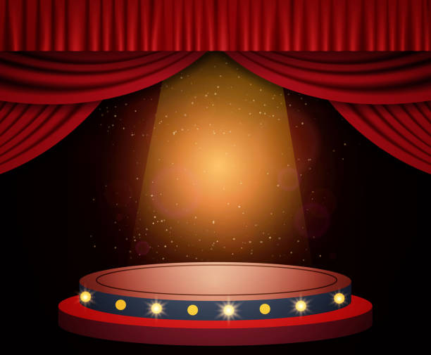 istock Background with red curtain, podium and spotlights. Design for presentation, concert, show 1220560480