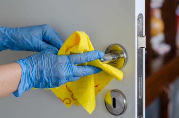 istock The woman is disinfecting the door handle 1220560498