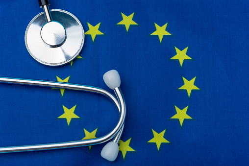 stethoscope with the flag of the European Union. The concept of health in Europe. Stethoscope over the European flag