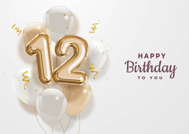 Happy 12th birthday gold foil balloon greeting background. Happy 12th birthday gold foil balloon greeting background. 12 years anniversary logo template- 12th celebrating with confetti. Vector stock. number 12 stock illustrations