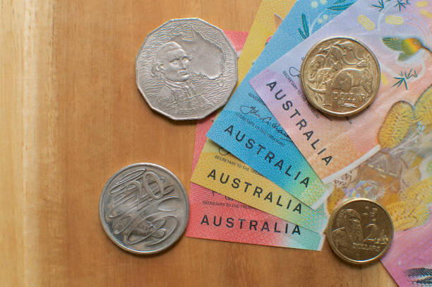 Australian currency banknotes and coins stock photo