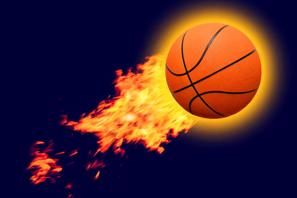 Basketball in flames on a blue background