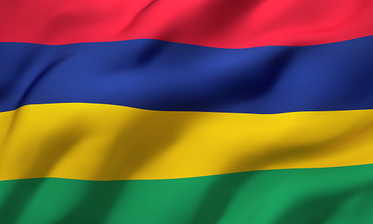 Flag of Mauritius blowing in the wind. Full page Mauritian flying flag. 3D illustration.