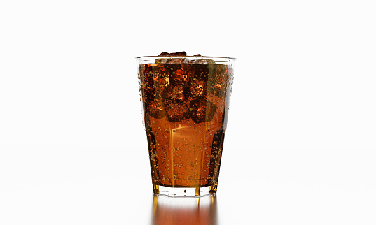 Cola glass with ice cubes on a white background and reflection. cola with crushed ice in glass and there is water droplets around. cool black fresh drink. 3D rendering.