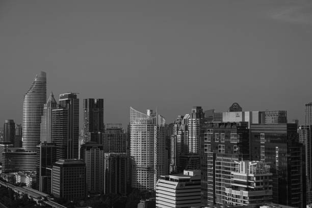 istock Black and white cityscape background 1220568299