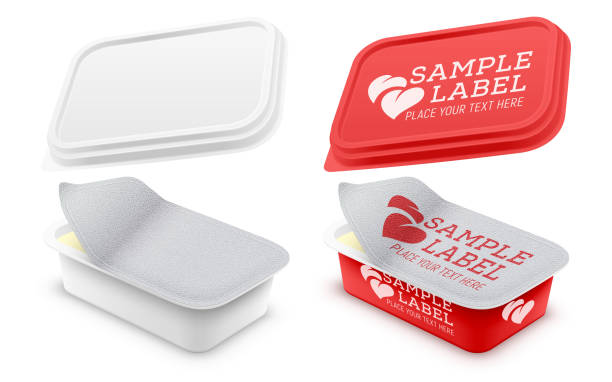 Vector labeled rectangular plastic container with opened foil seal. Packaging mockup illustration. Vector labeled rectangular plastic container with opened foil seal and lid for foodstuff or cosmetics cream. Packaging mockup illustration. margarine stock illustrations