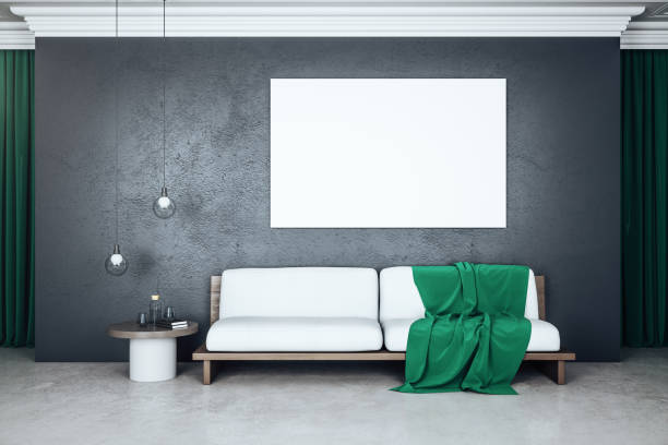 istock Contemporary living room interior with sofa and blank banner 1220569907