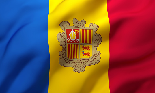 Flag of Andorra blowing in the wind. Full page Andorran flying flag. 3D illustration.