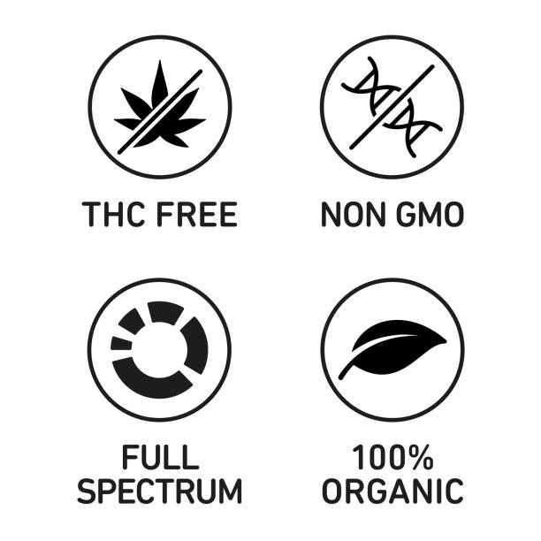 ilustrações de stock, clip art, desenhos animados e ícones de cbd oil icons set including thc free, 100% organic, non gmo, full spectrum - non gmo