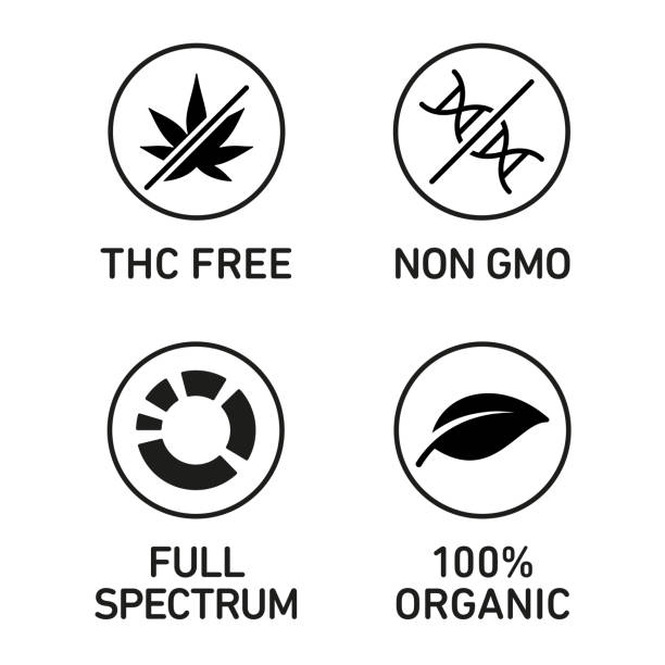CBD oil icons set including THC free, 100% organic, non GMO, full spectrum CBD oil icons set including THC free, 100% organic, non GMO, full spectrum thc stock illustrations