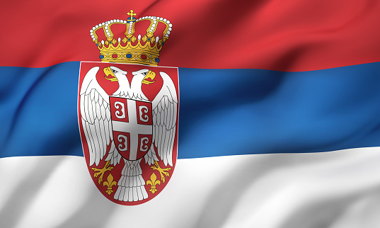 Flag of Serbia blowing in the wind. Full page Serbian flying flag. 3D illustration.