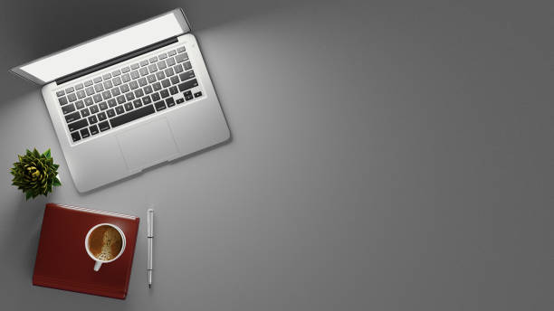 istock Minimal work space - Creative flat lay photo of workspace desk. Top view office desk with laptop, notebooks and coffee cup. 3d rendering banner 1220573117