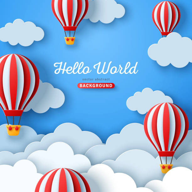 Clouds and hot air balloons Beautiful fluffy clouds on blue sky background with hot air balloons. Vector illustration. Paper cut style. Place for text. Travel and adventure concept discover card stock illustrations