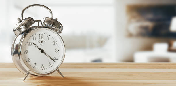 Alarm clock closeup have a good day, background in the morning sunlight. 3d rendering stock photo
