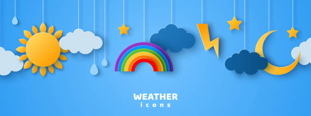 Cartoon paper cut weather icons Set of cartoon paper cut weather icons on blue sky background. Vector illustration. Sun in clouds, rain drops, lightning and thunder, crescent moon with stars. Cute design for kids cloudscape illustrations stock illustrations