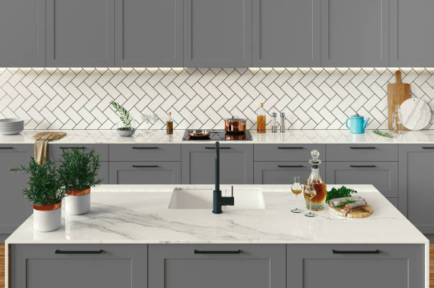 istock Residential interior of modern kitchen in luxury mansion, 3d rendering 1220573302