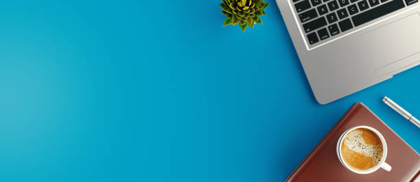 Minimal work space - Creative flat lay photo of workspace desk. Top view office desk with laptop, notebooks and coffee cup. 3d rendering banner