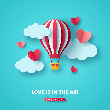 Valentine's day concept background with hot air balloon, hearts and clouds. Vector illustration. Cute love sale banner or greeting card. Honeymoon and wedding adventure.