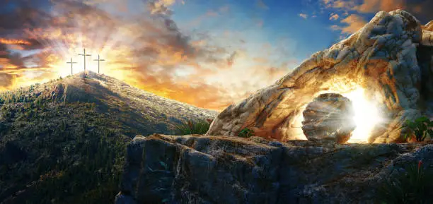 Photo of High resolution. Easter Sunday concept: Empty tomb stone with cross on meadow sunrise background. 3d rendering