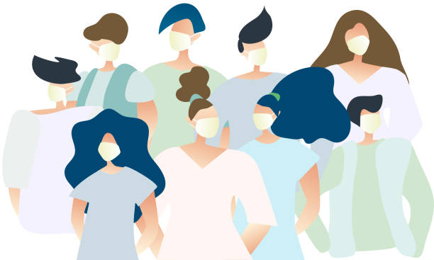 Group of people wearing white medical face masks vector art illustration