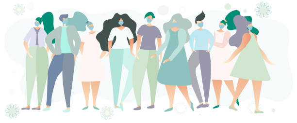 Line of people with protective medical masks during Coronavirus epidemic. vector art illustration