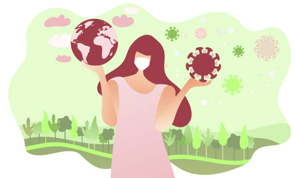 Woman holding the globe in one hand and Coronavirus in other. vector art illustration