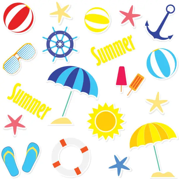 Vector illustration of Shiny Summer Day Collections. Coastal design element set. Summer clip art collection.