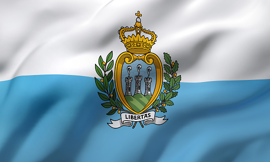 Flag of San Marino blowing in the wind. Full page San Marino flying flag. 3D illustration.