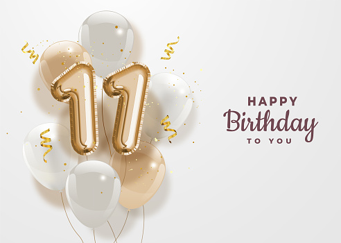 Happy 11th birthday gold foil balloon greeting background. 11 years anniversary logo template- 11th celebrating with confetti. Vector stock.